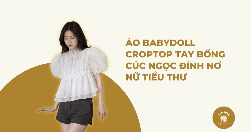 Áo babydoll croptop tay bồng cúc ngọc đính nơ nữ tiểu thư