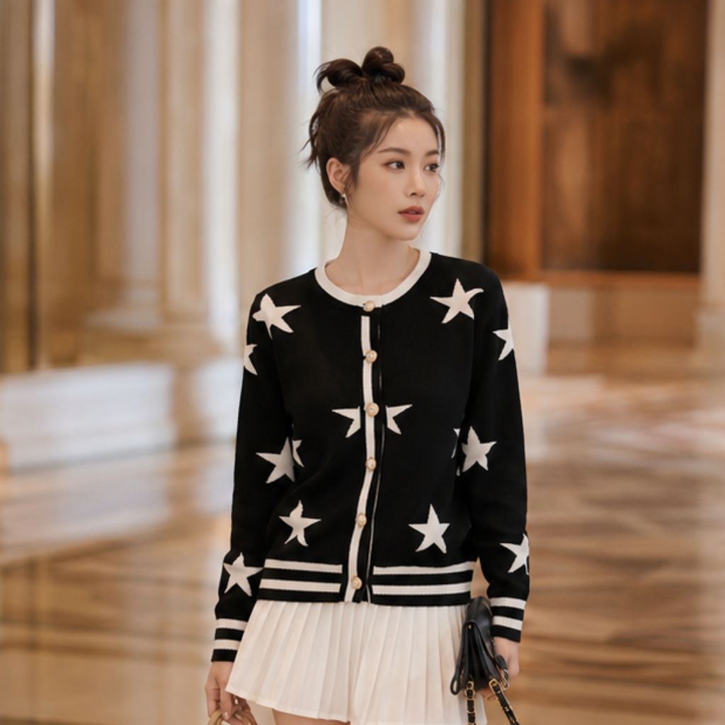 Áo cardigan len nữ họa tiết ngôi sao cúc vàng thanh lịch - Ảnh 4