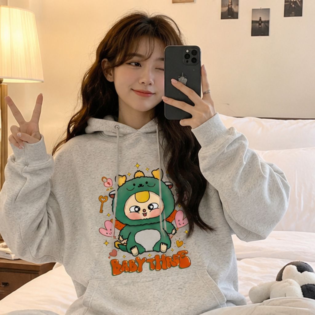 Áo hoodie unisex form rộng phong cách Hàn Quốc ấm áp - Ảnh 3