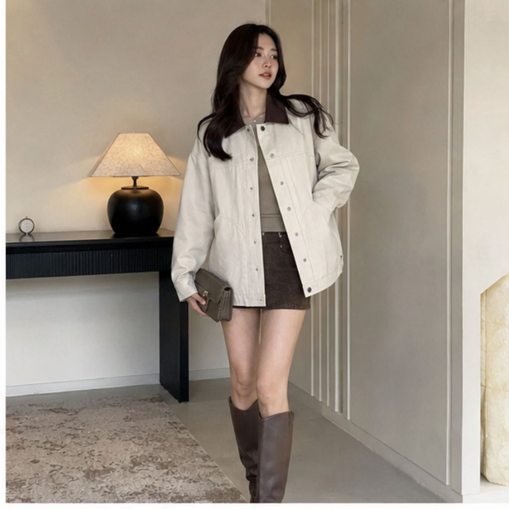 Áo khoác canvas cổ nhung unisex form rộng Bycamcam - Ảnh 4