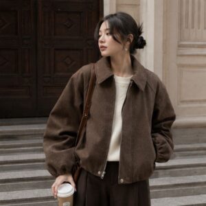 Áo khoác dạ bố BOMIE Jacket nâu cổ trụ dáng bomber tay chuông