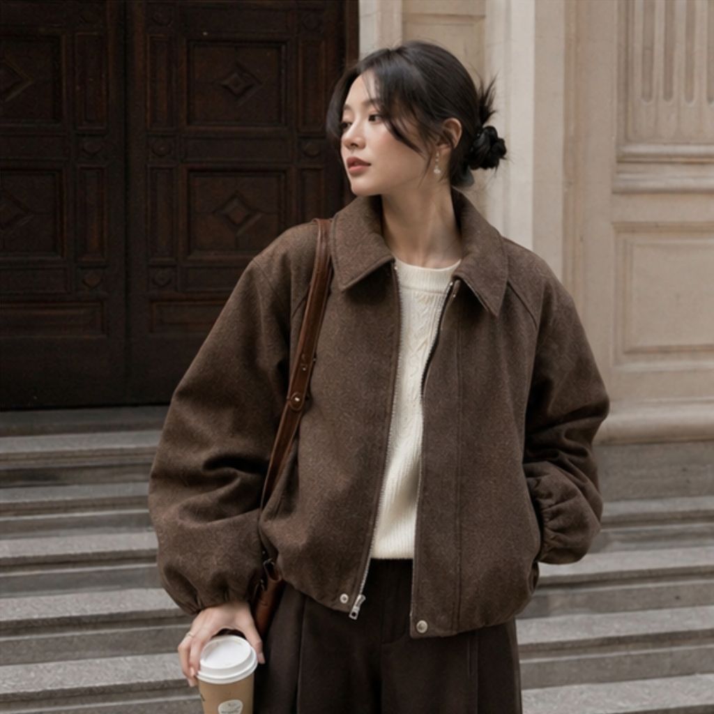 Áo khoác dạ bố BOMIE Jacket nâu cổ trụ dáng bomber tay chuông