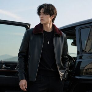 Áo khoác da cổ lông lót lông mềm mịn dáng bomber
