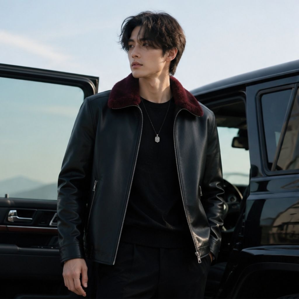 Áo khoác da cổ lông lót lông mềm mịn dáng bomber
