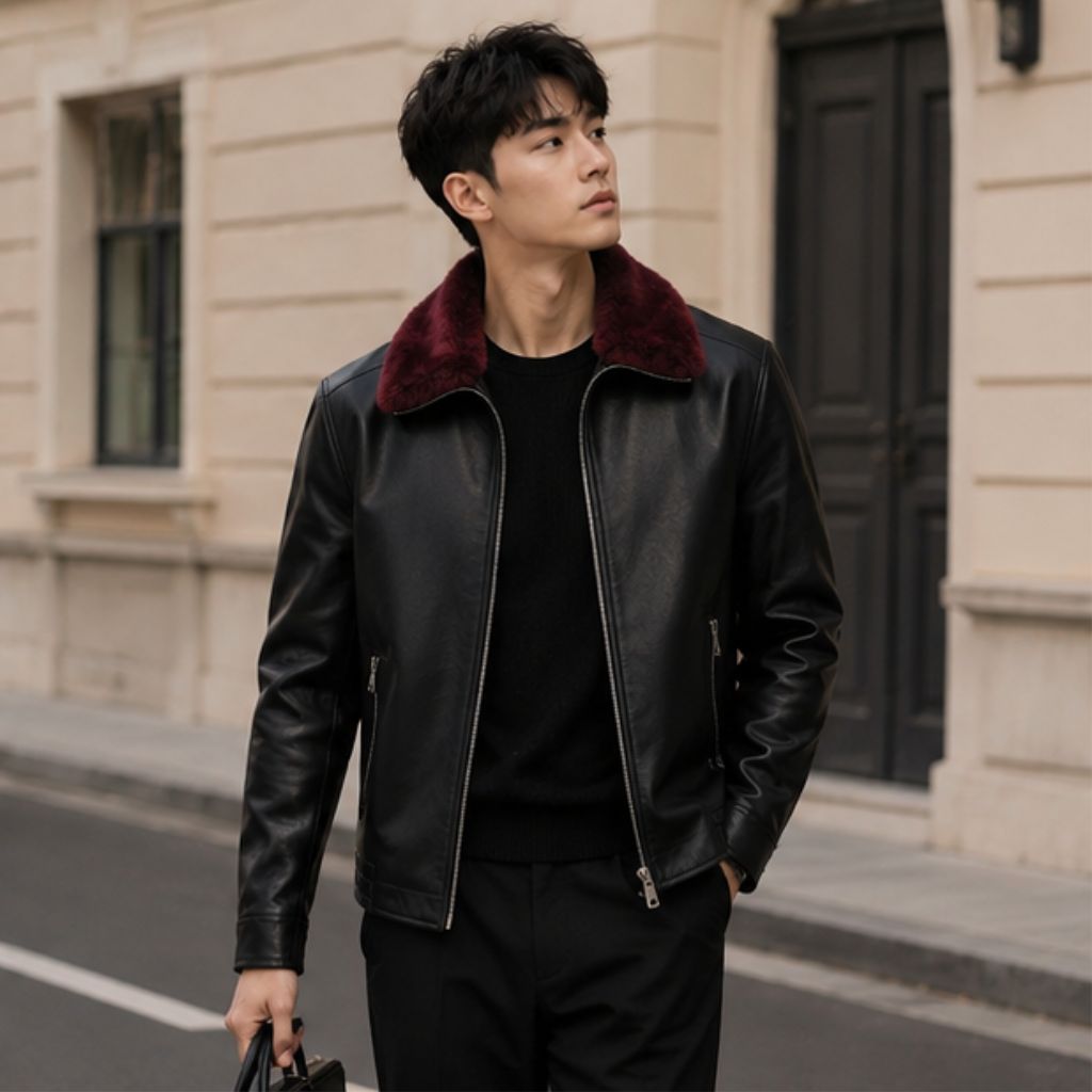 Áo khoác da cổ lông lót lông mềm mịn dáng bomber - Ảnh 4