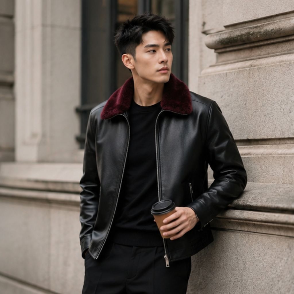 Áo khoác da cổ lông lót lông mềm mịn dáng bomber - Ảnh 2