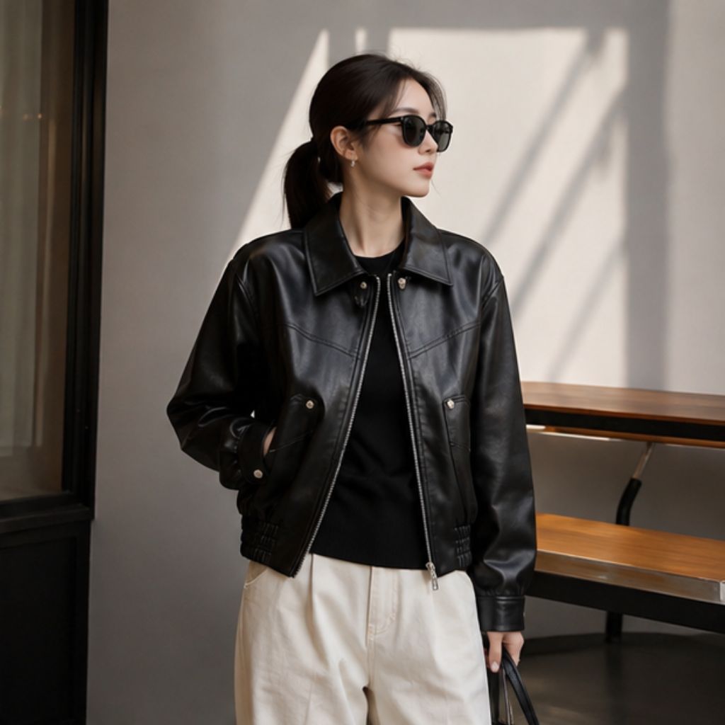 Áo khoác da croptop nữ AGUSS PU cao cấp phong cách Hàn Quốc - Ảnh 2