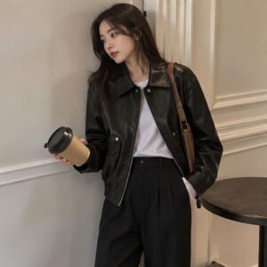 Áo khoác da croptop nữ AGUSS PU cao cấp phong cách Hàn Quốc