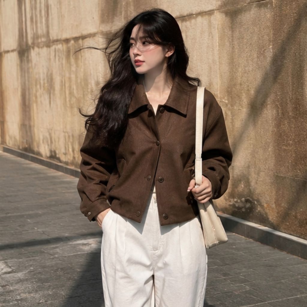Áo khoác da lộn dáng croptop Okélla cúc đồng nhẹ, sang xịn - Ảnh 3