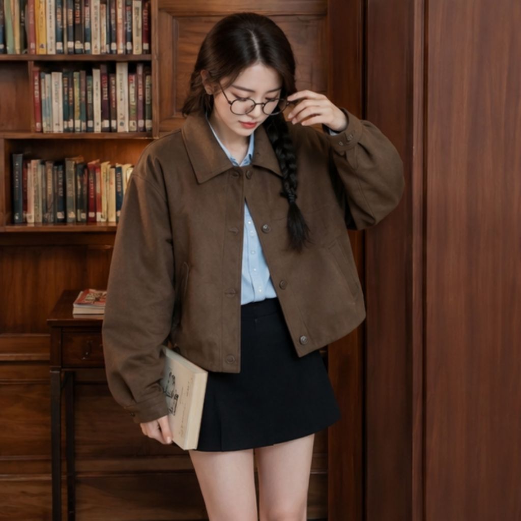 Áo khoác da lộn dáng croptop Okélla cúc đồng nhẹ, sang xịn - Ảnh 2