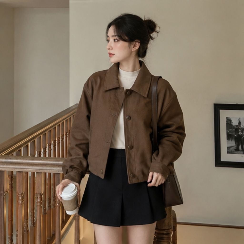 Áo khoác da lộn dáng croptop Okélla cúc đồng nhẹ, sang xịn - Ảnh 4