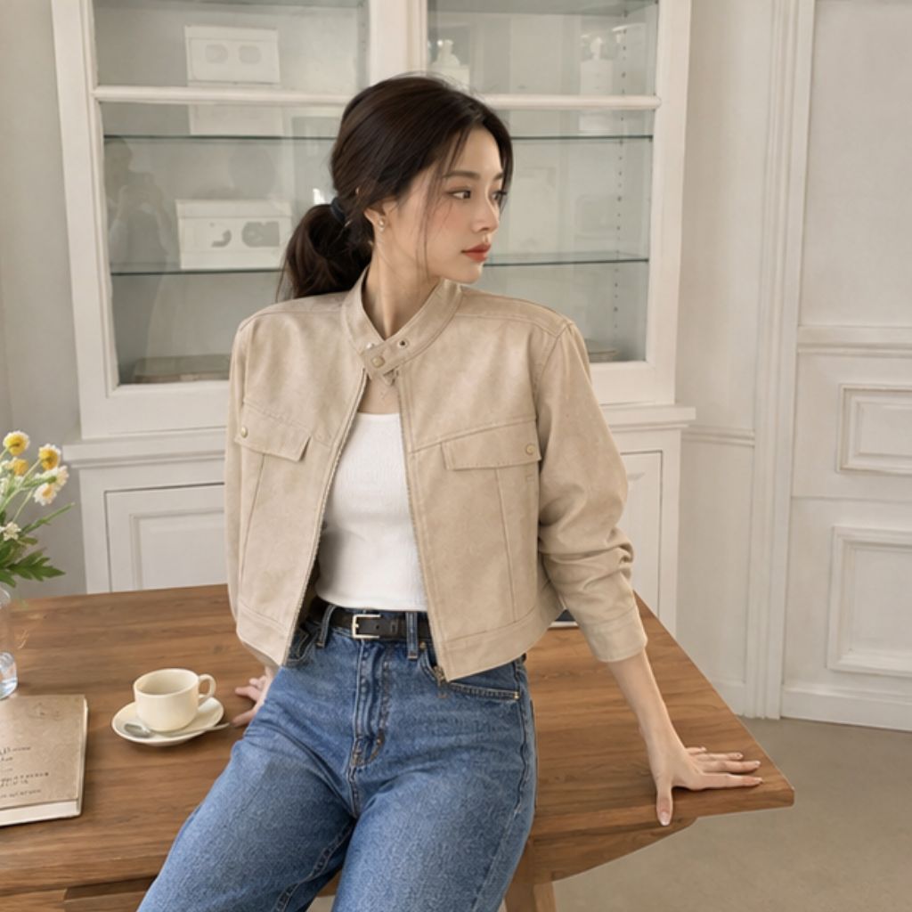 Áo khoác da lộn nữ dáng lửng cổ trụ form đứng