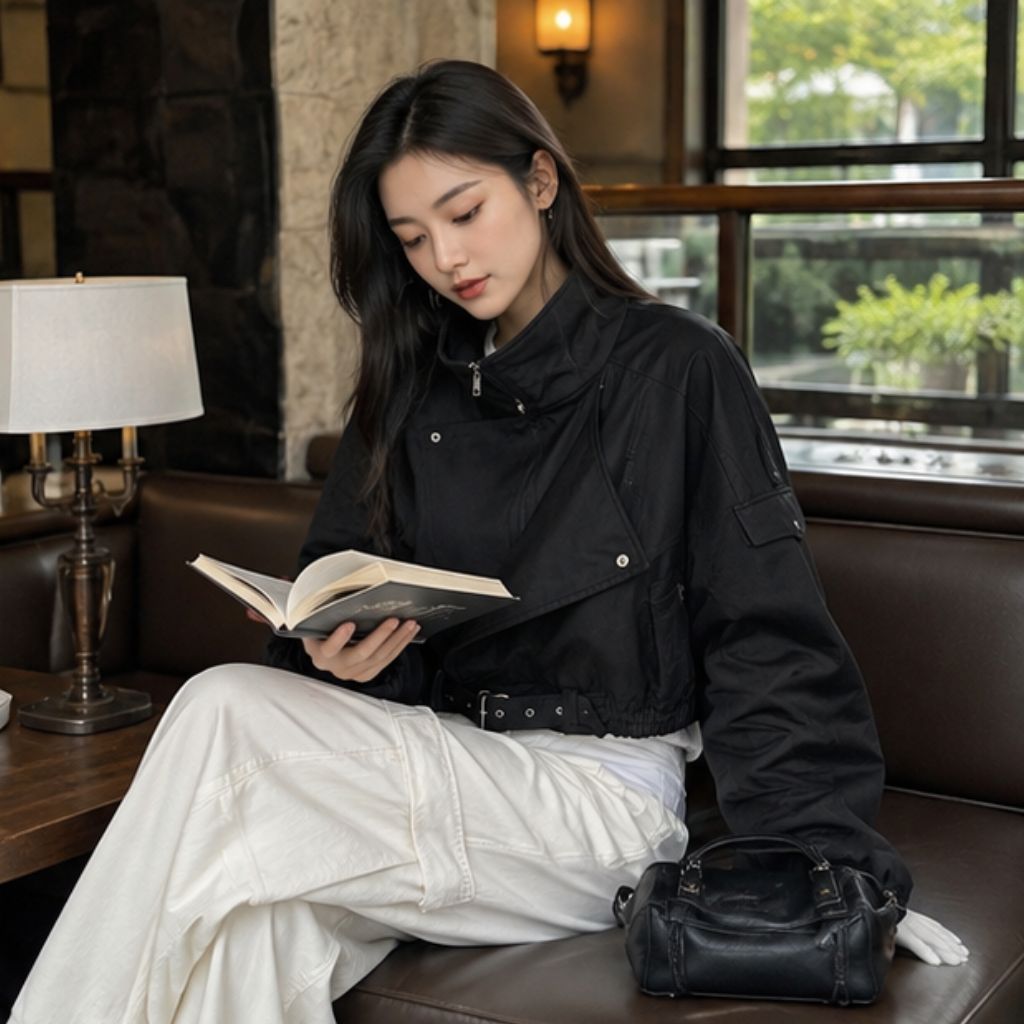 Áo khoác da lộn nữ dáng ngắn cổ cao biker croptop Hàn Quốc - Ảnh 4