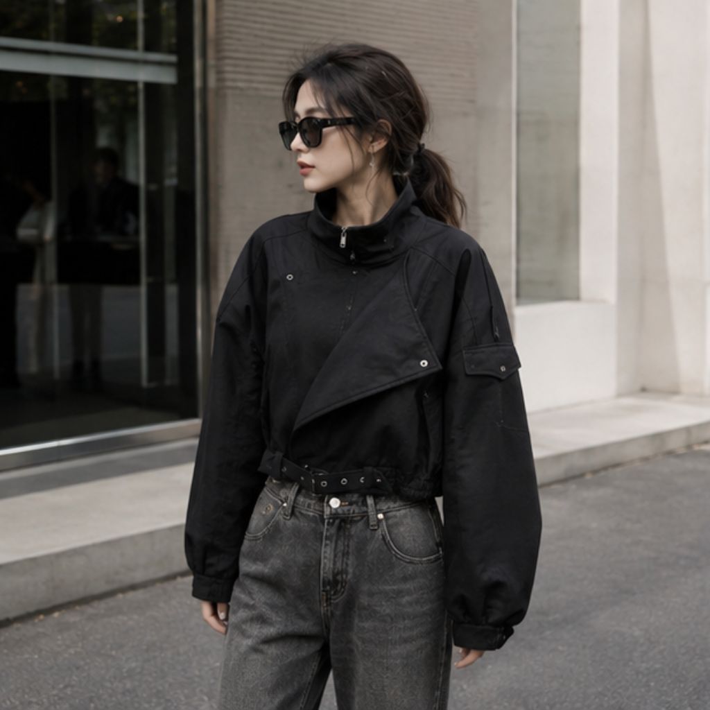Áo khoác da lộn nữ dáng ngắn cổ cao biker croptop Hàn Quốc - Ảnh 3