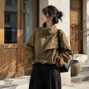 Áo khoác da lộn nữ dáng ngắn cổ cao biker croptop Hàn Quốc