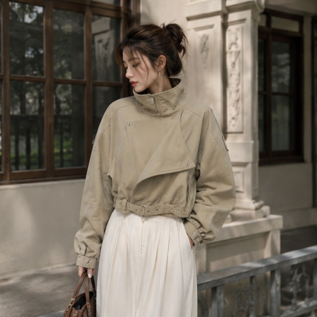 Áo khoác da lộn nữ dáng ngắn cổ cao biker croptop Hàn Quốc - Ảnh 2
