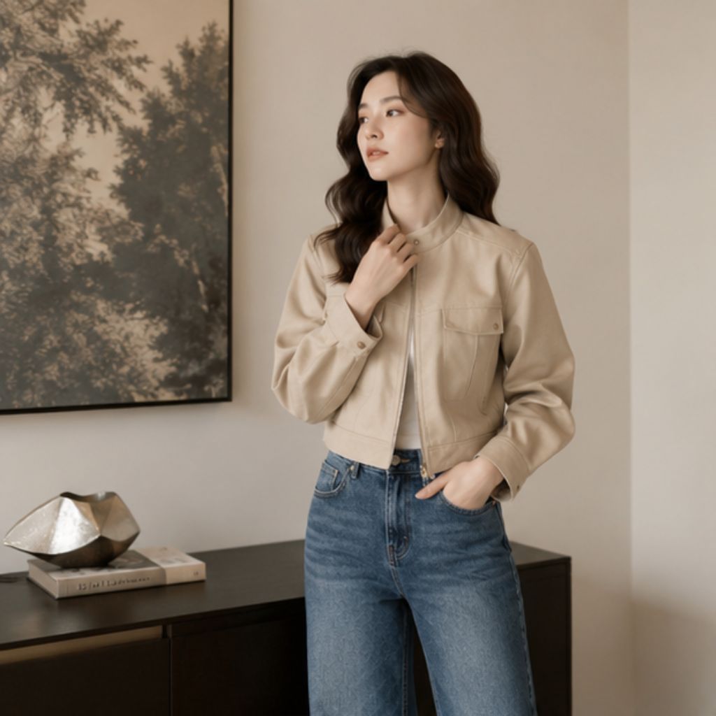 Áo khoác da lộn nữ dáng lửng cổ trụ form đứng - Ảnh 3