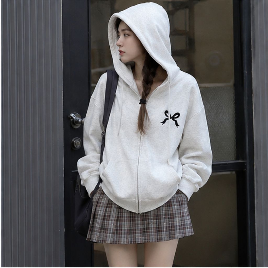 Áo khoác hoodie zip nữ form rộng nơ in style Hàn Quốc cute - Ảnh 4