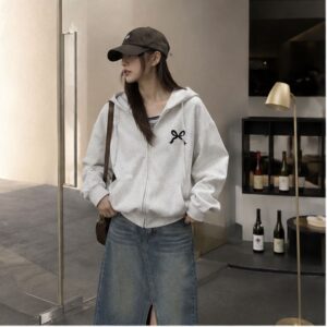 Áo khoác hoodie zip nữ form rộng nơ in style Hàn Quốc cute