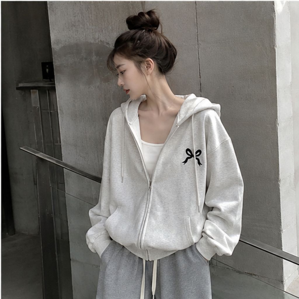 Áo khoác hoodie zip nữ form rộng nơ in style Hàn Quốc cute - Ảnh 2