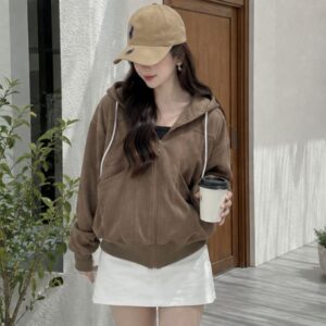 Áo khoác nữ nón to 7 túi nhung gân freesize 40-65kg