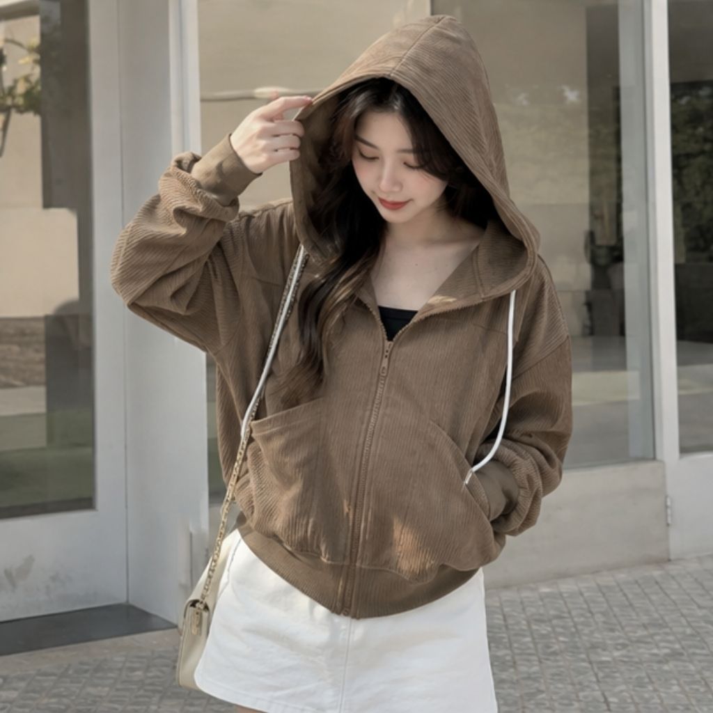 Áo khoác nữ nón to 7 túi nhung gân freesize 40-65kg - Ảnh 3