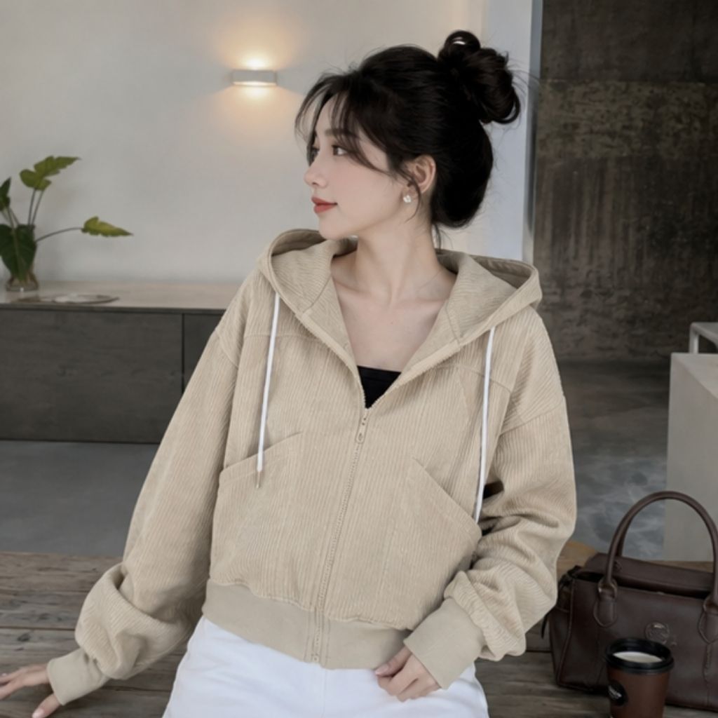 Áo khoác nữ nón to 7 túi nhung gân freesize 40-65kg - Ảnh 2