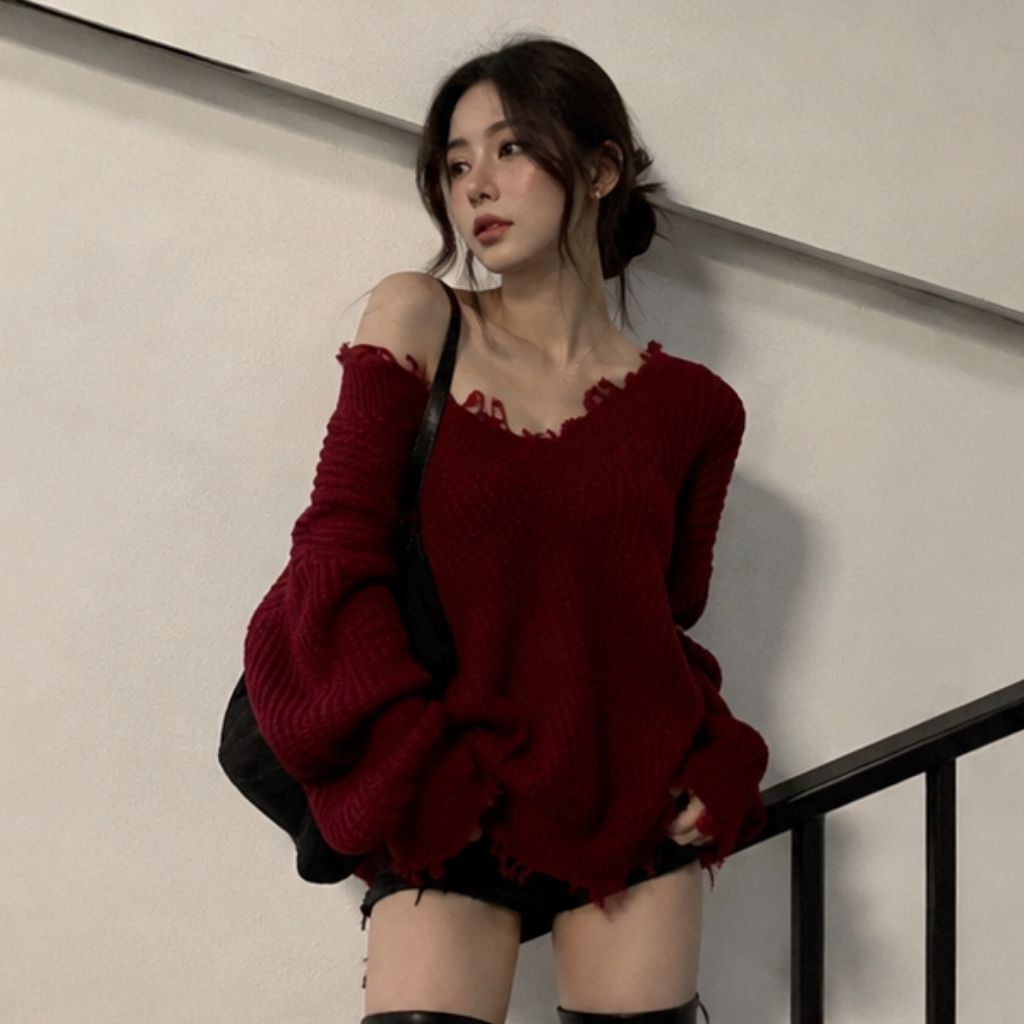 Áo len Giáng sinh cổ chữ V retro form rộng dễ thương - Ảnh 3