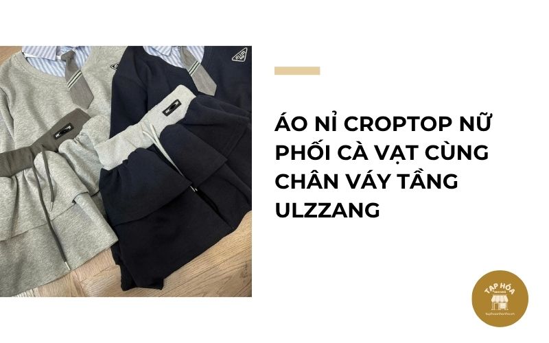 Áo nỉ croptop nữ phối cà vạt cùng chân váy tầng Ulzzang