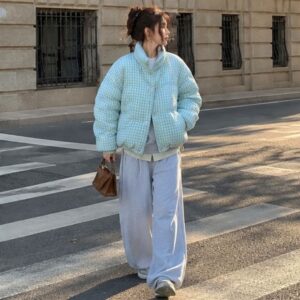 Áo phao nữ caro oversize 2 lớp dày dặn ấm áp mùa đông
