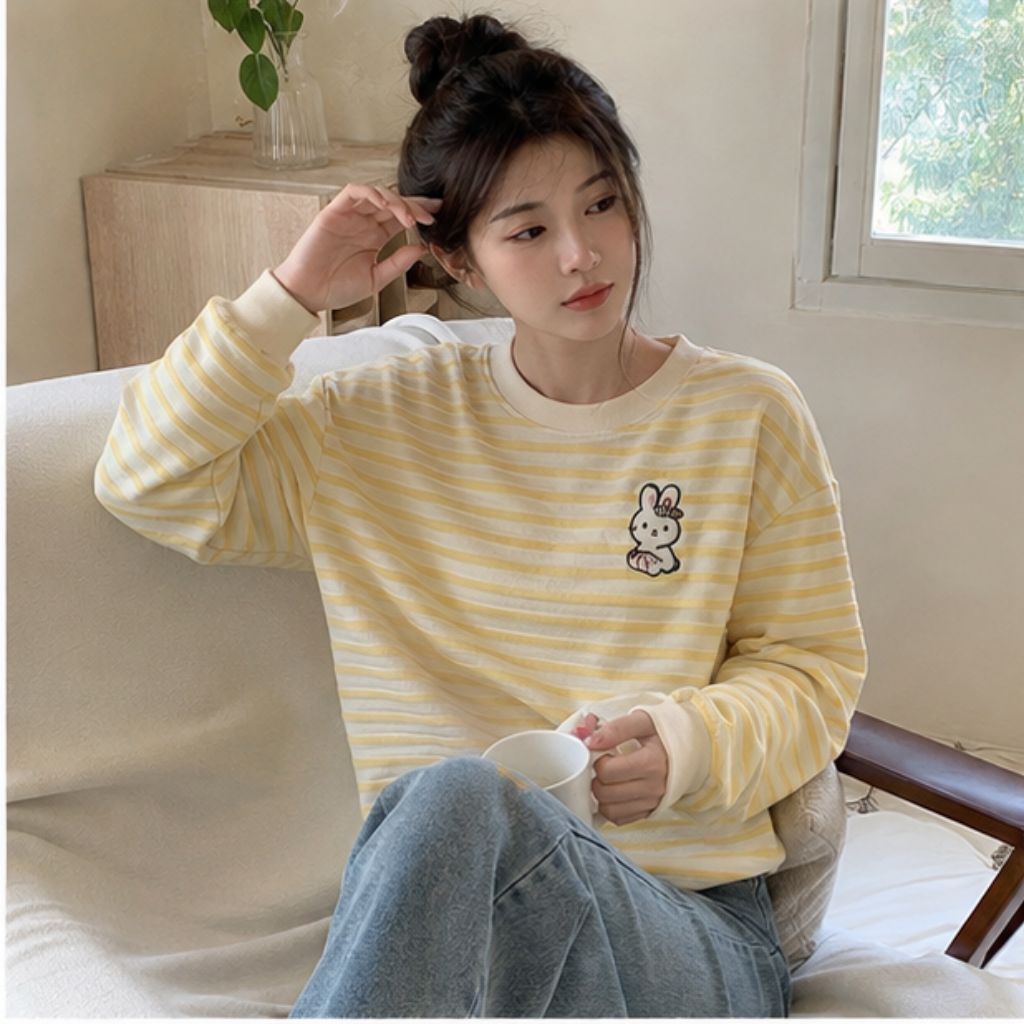 Áo sọc Mamie bo tay dài thêu họa tiết nam nữ dễ thương thời trang - Ảnh 3