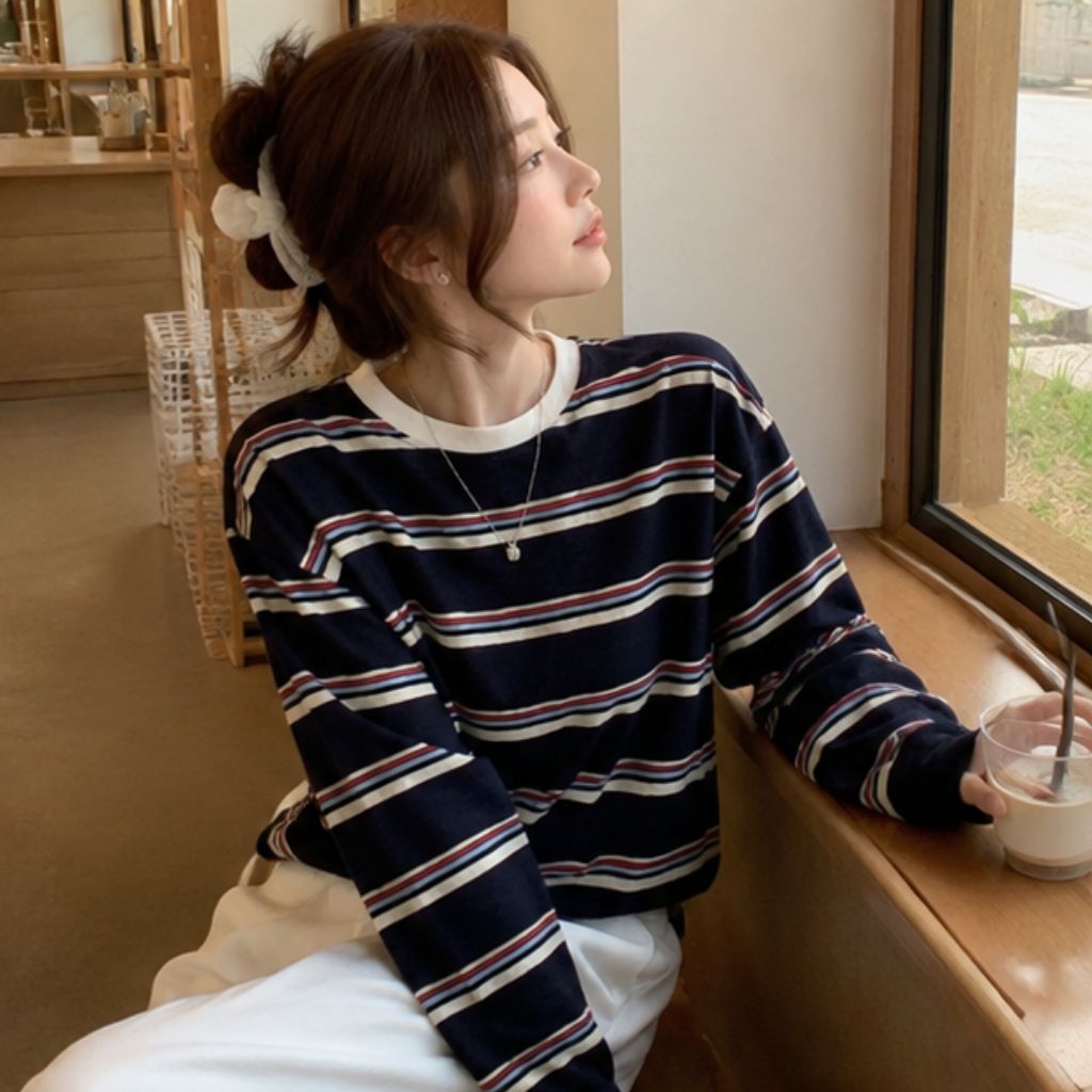 Áo thun nữ dài tay kẻ sọc form rộng phong cách Hàn Quốc - Ảnh 2