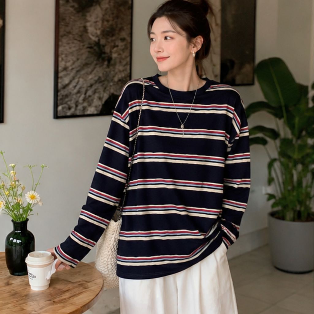 Áo thun nữ dài tay kẻ sọc form rộng phong cách Hàn Quốc - Ảnh 4