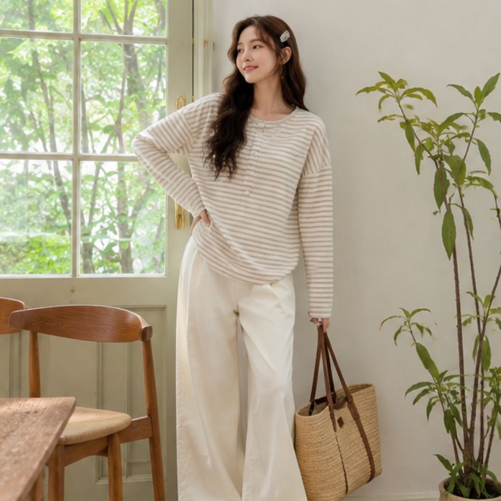 Áo thun nữ dài tay thu đông cotton giấy Hàn Quốc có khuy - Ảnh 4