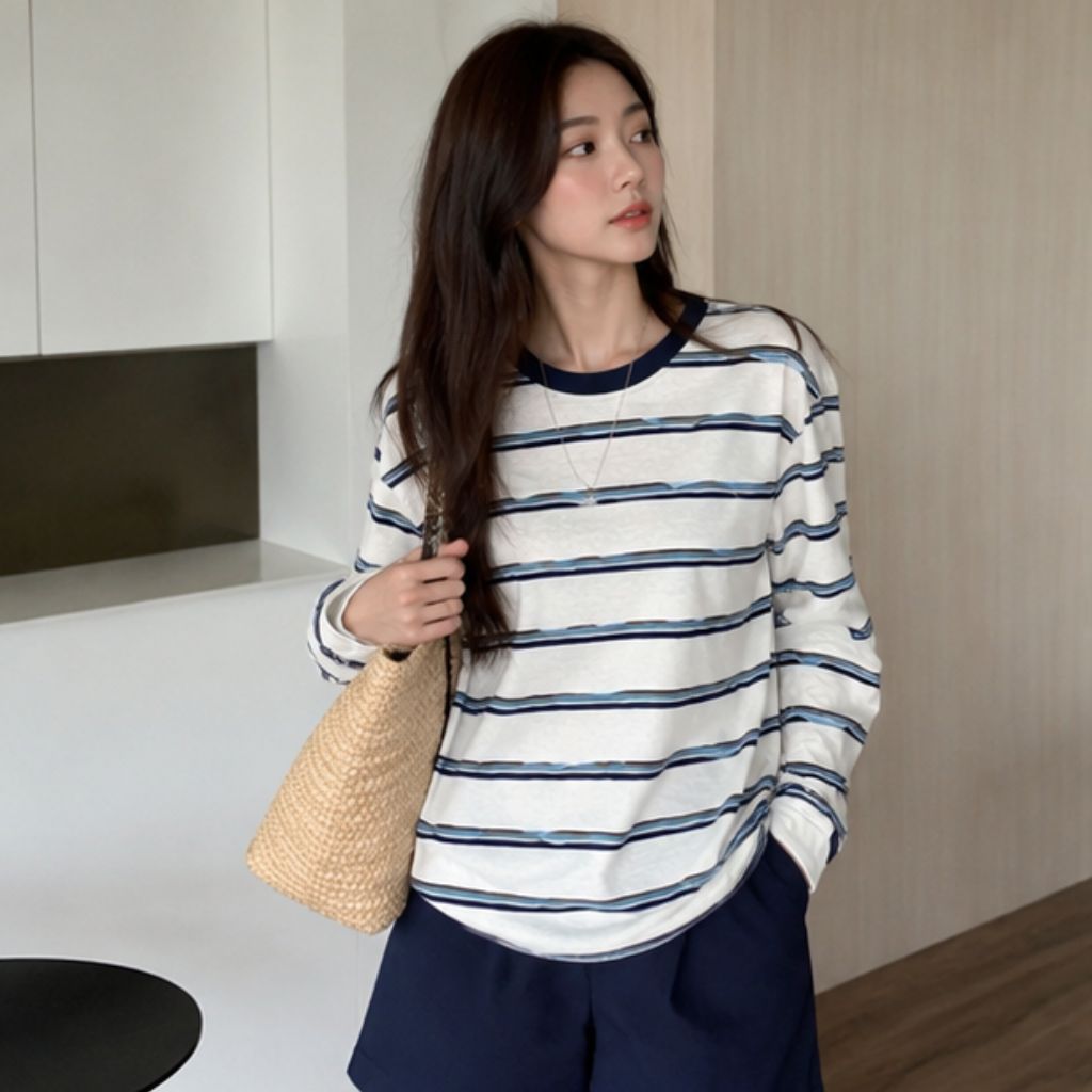 Áo thun nữ dài tay kẻ sọc form rộng phong cách Hàn Quốc - Ảnh 3