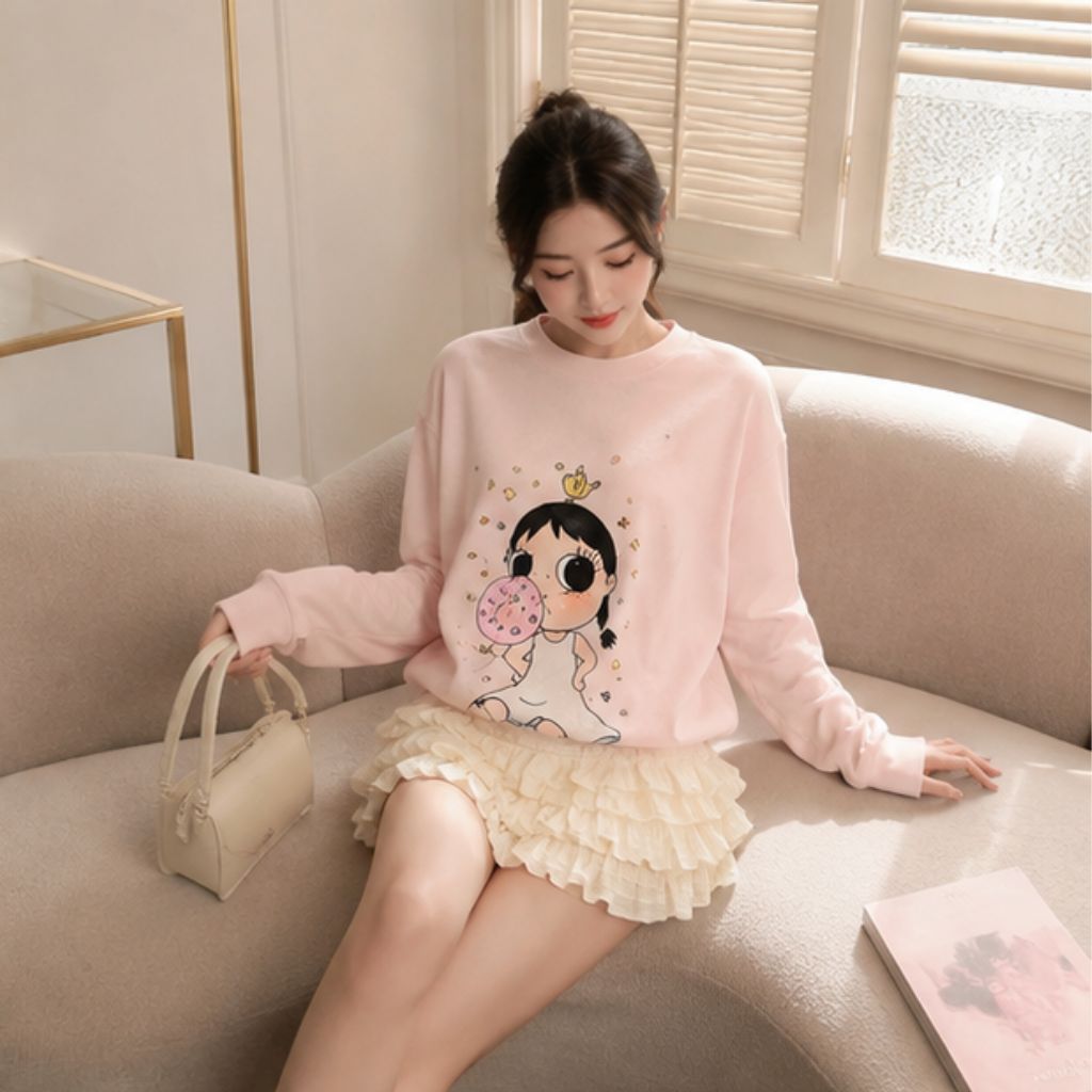 Áo thun nữ tay dài Hàn Quốc in hình hoạt hình dễ thương - Ảnh 2