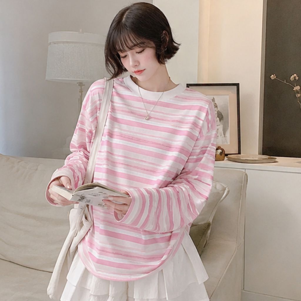 Áo thun thu đông nữ kẻ sọc cotton giấy Hàn Quốc - Ảnh 3