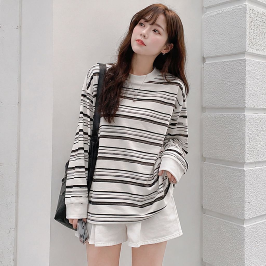 Áo thun thu đông nữ kẻ sọc cotton giấy Hàn Quốc - Ảnh 2