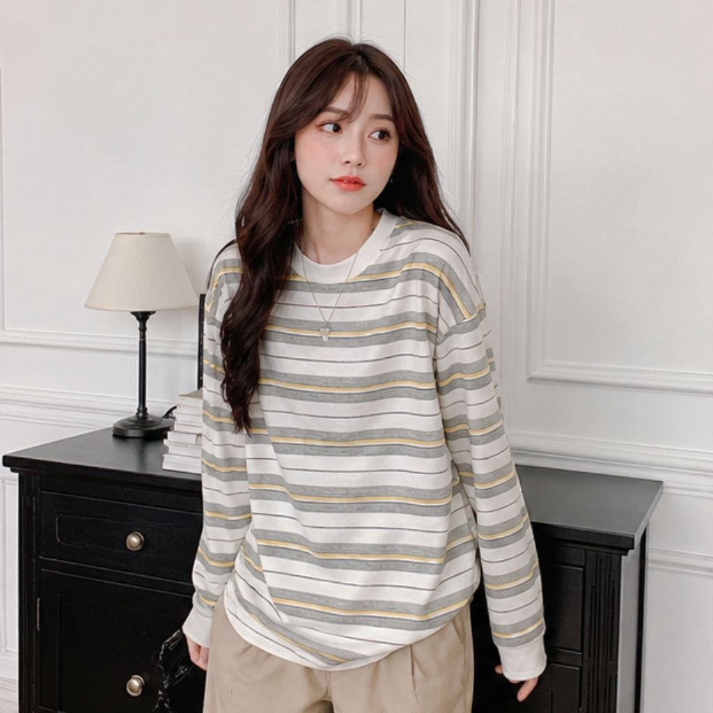 Áo thun thu đông nữ kẻ sọc cotton giấy Hàn Quốc - Ảnh 4