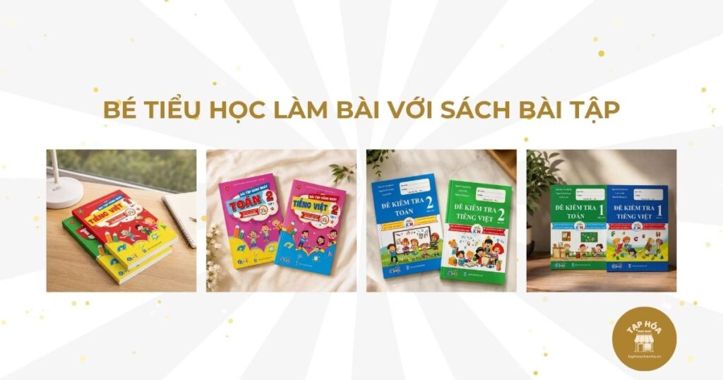 Bé tiểu học làm bài với sách bài tập