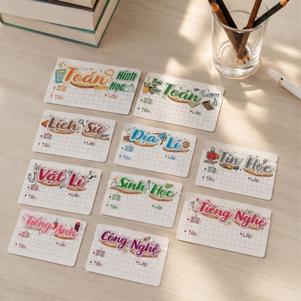 Bộ 32 nhãn vở môn học lớp 1-12 cute tặng sticker dán tên