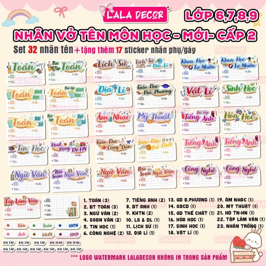Bộ 32 nhãn vở môn học lớp 1-12 cute tặng sticker dán tên - Ảnh 3