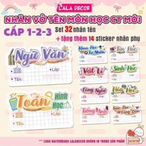 Bộ 32 nhãn vở môn học lớp 1-12 cute tặng sticker dán tên