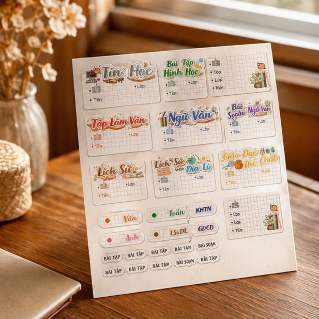 Bộ 32 nhãn vở môn học lớp 1-12 cute tặng sticker dán tên - Ảnh 4