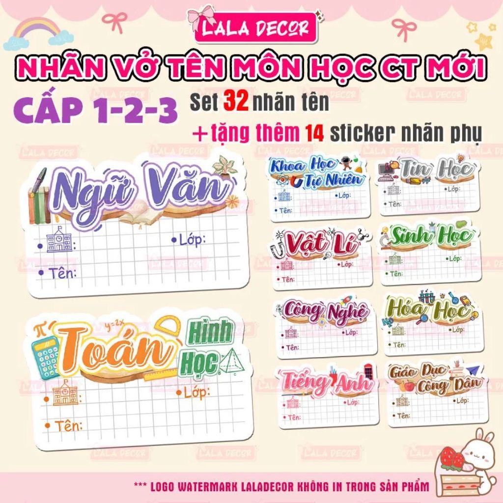 Bộ 32 nhãn vở môn học lớp 1-12 cute tặng sticker dán tên