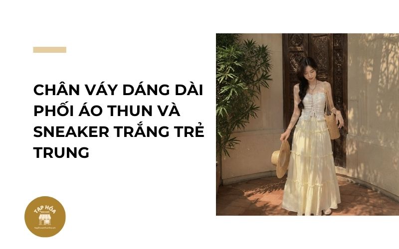 Chân váy dáng dài phối áo thun và sneaker trắng trẻ trung