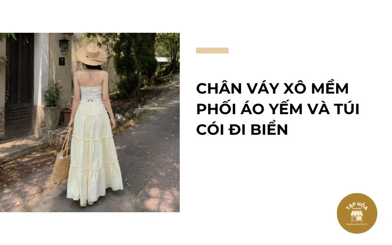 Chân váy xô mềm phối áo yếm và túi cói đi biển
