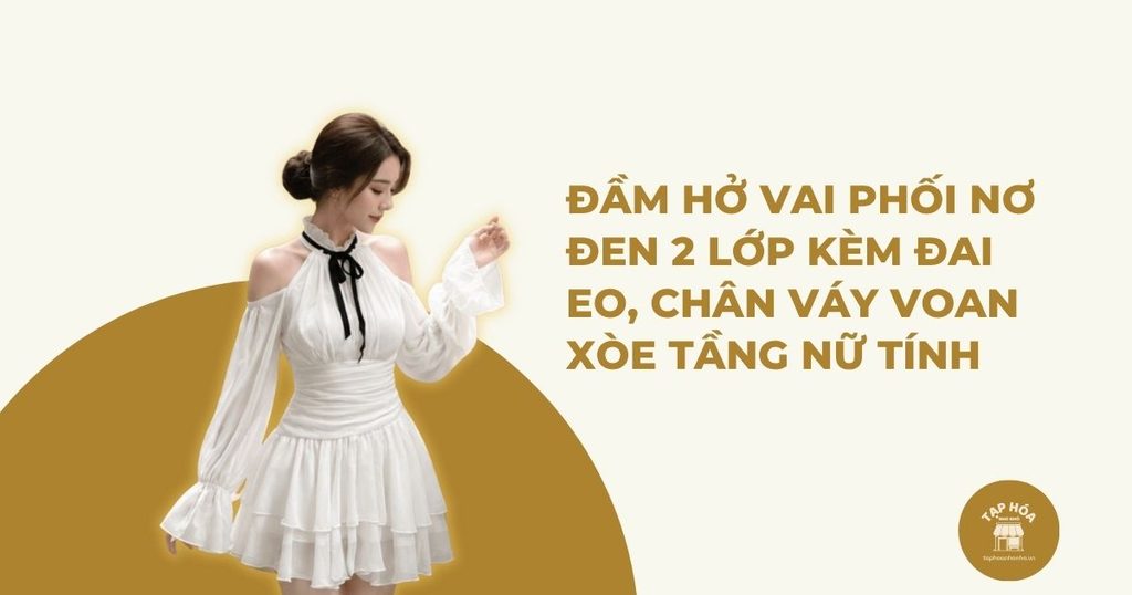 Đầm hở vai phối nơ đen 2 lớp kèm đai eo, chân váy voan xòe tầng nữ tính