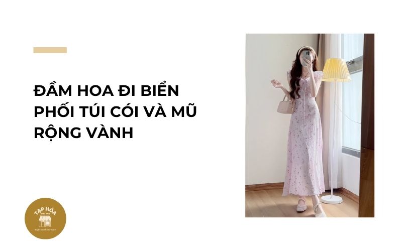 Đầm hoa đi biển phối túi cói và mũ rộng vành