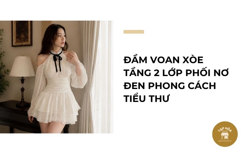 Đầm voan xòe tầng 2 lớp phối nơ đen phong cách tiểu thư